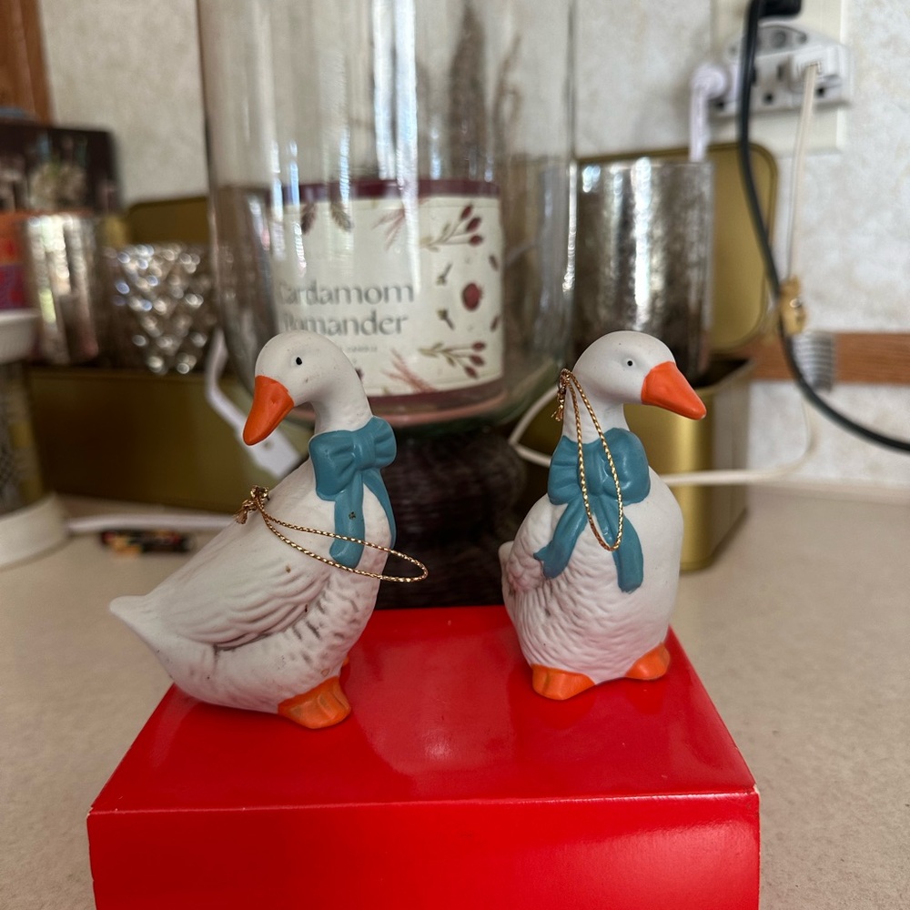 Duck ornaments with blue scarf set of 2.   Cottage core. Granny core
